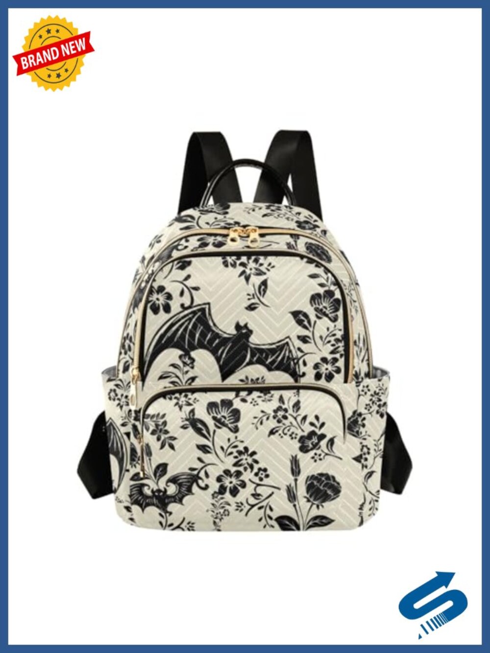 Goth Bat Flowers Quilted Backpack Purse for Women Fashion Casual Daypack